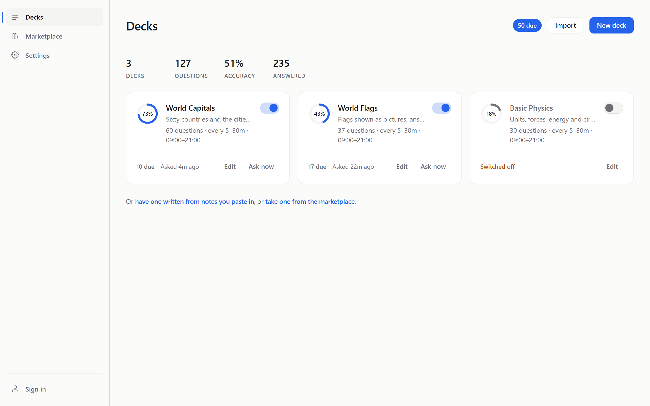The Qwizzd window, listing decks with their accuracy and when each is next asked.
